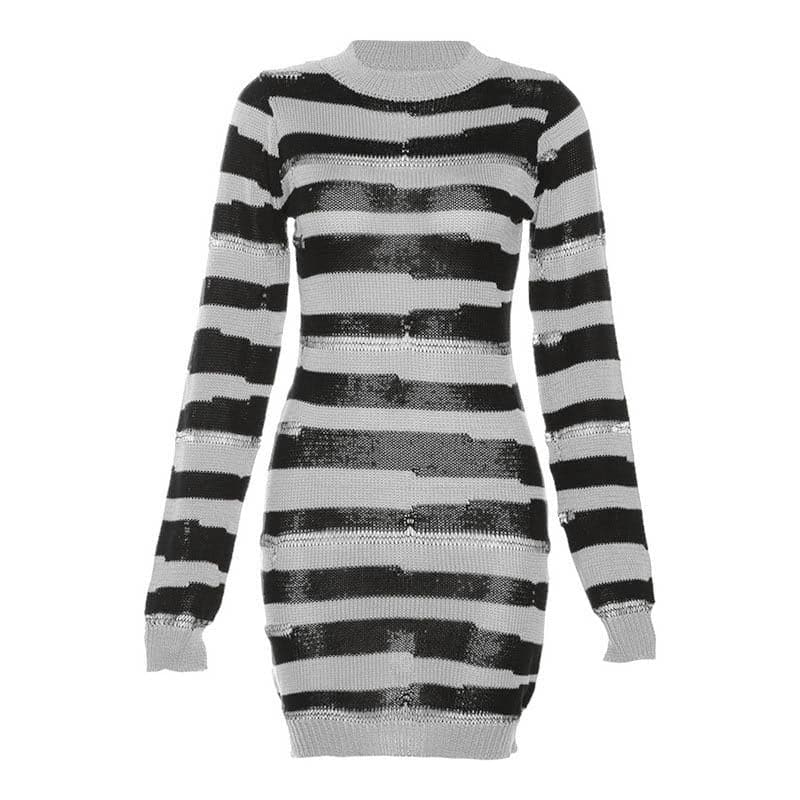 Crochet striped contrast long sleeve crewneck mini dress - View 9