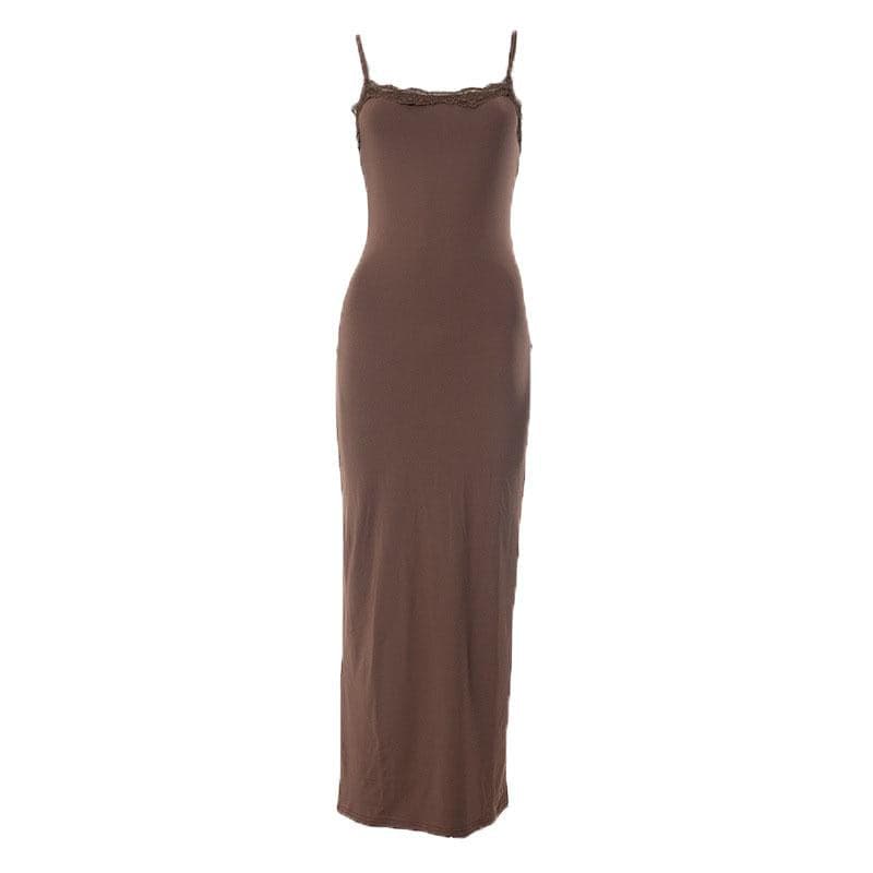Lace hem square neck solid backless cami maxi dress - View 15