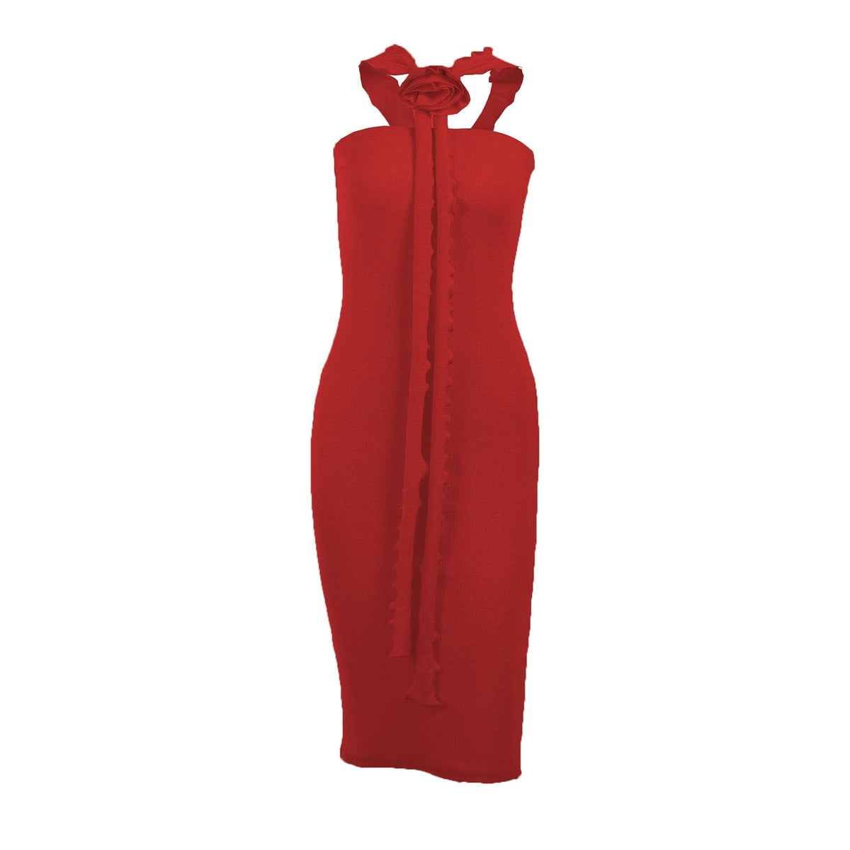 Ribbed Knit Halter Neck Flower Applique Ruffle Bodycon Midi Dress - View 2