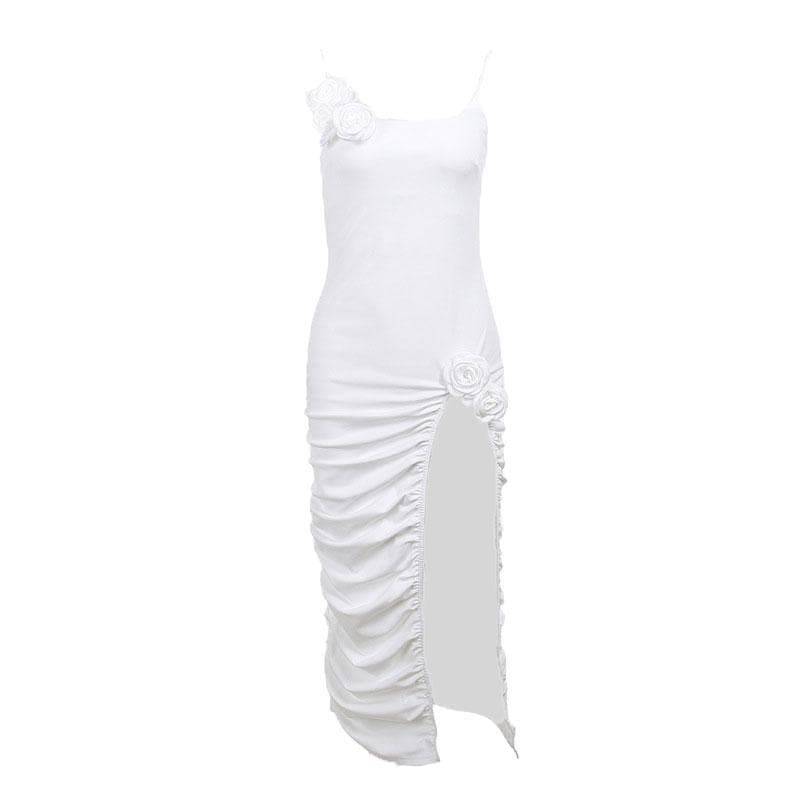 Square Neck Spaghetti Strap Flower Applique Ruched Maxi Dress - View 2