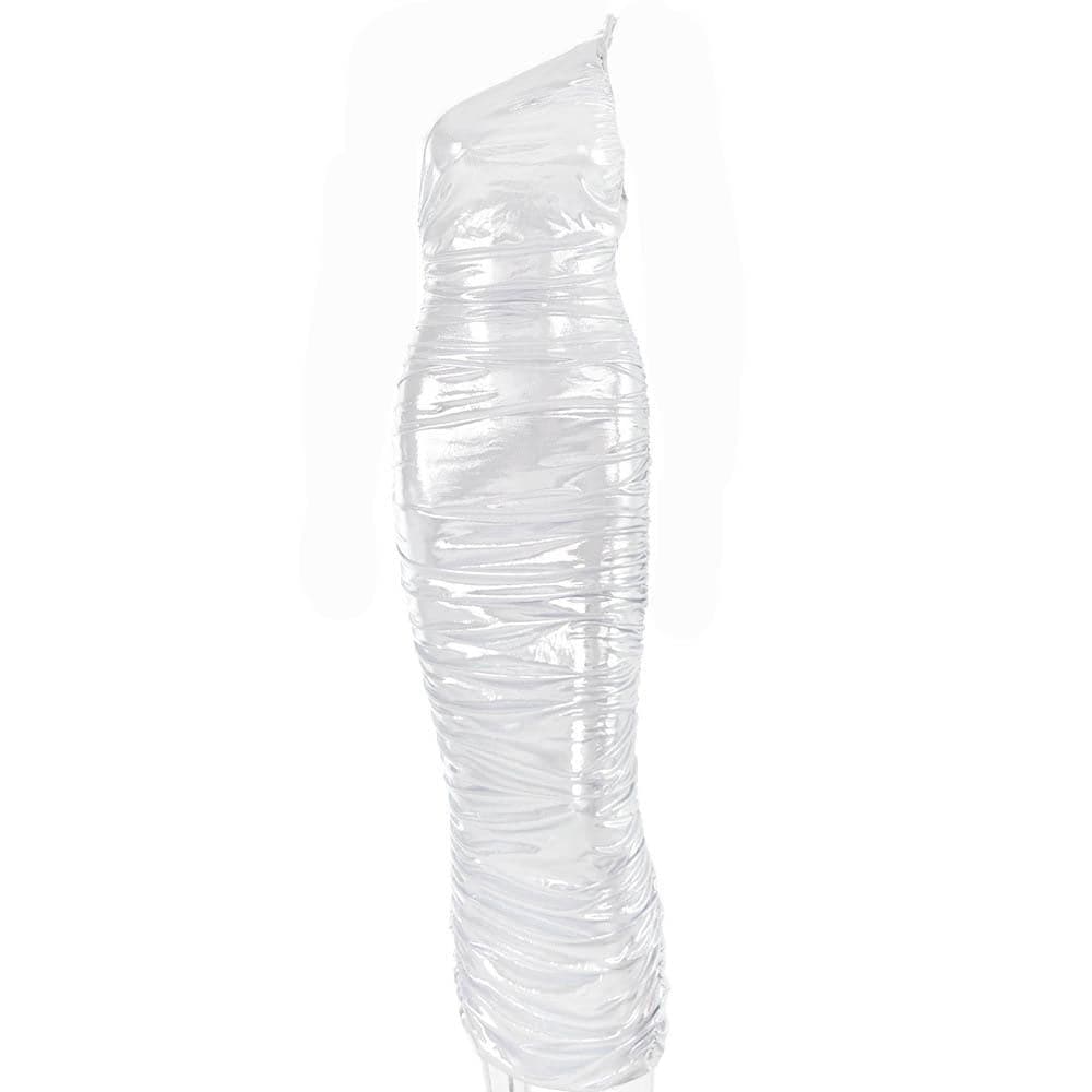 Metallic one shoulder solid ruched zip-up maxi dress - View 2