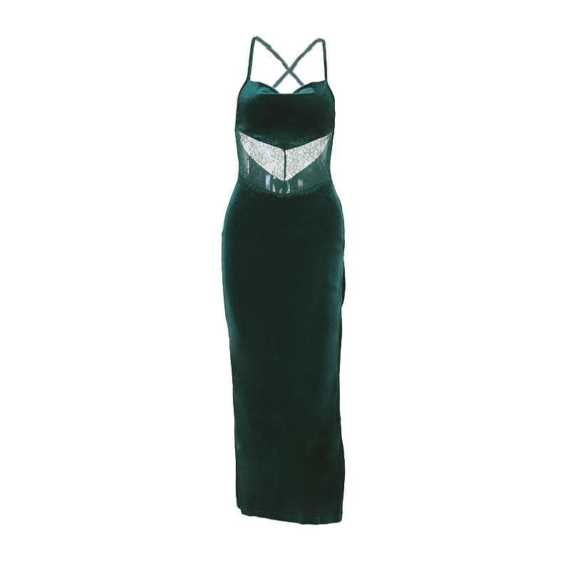 Cowl neck lace hem slit backless velvet cross back midi dress - View 8
