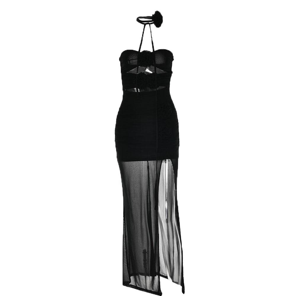 Mesh Strapless Flower Applique Cut Out High Split Maxi Dress - View 9