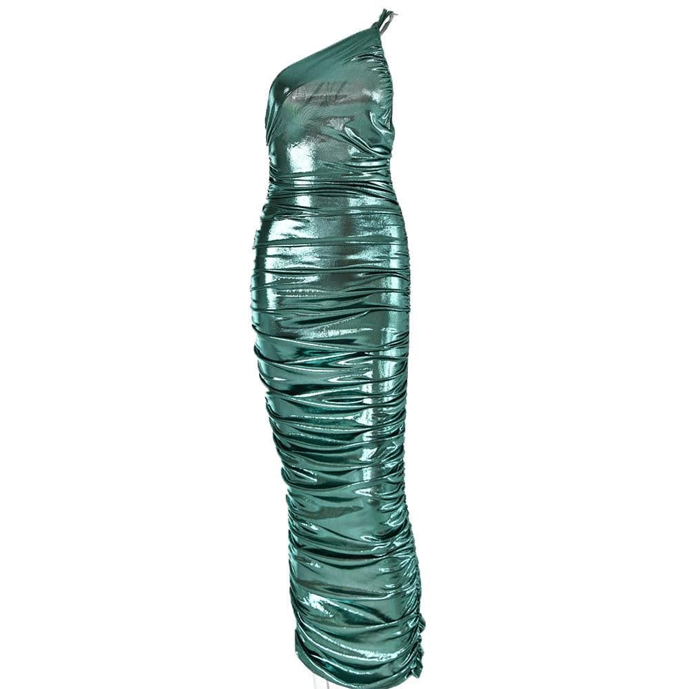 Metallic one shoulder solid ruched zip-up maxi dress - View 10