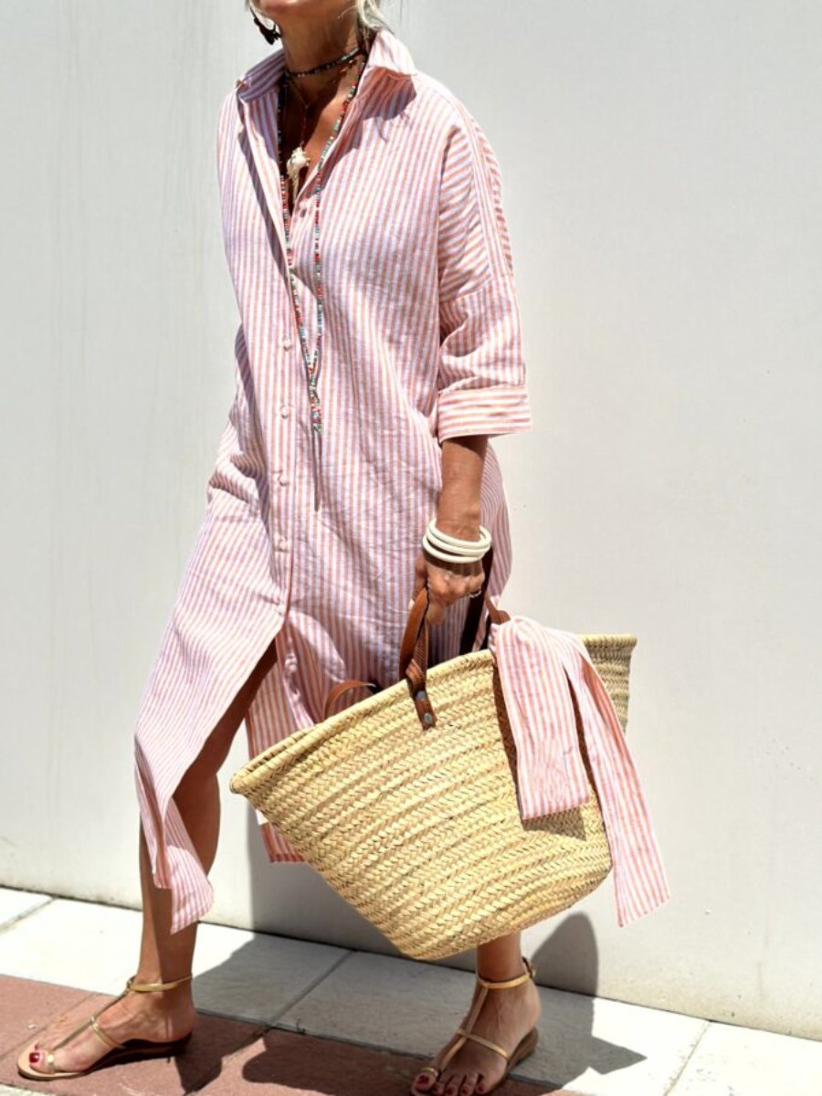 Vertical Stripe Button Down Long Sleeve High Split Midi Shirt Dress
