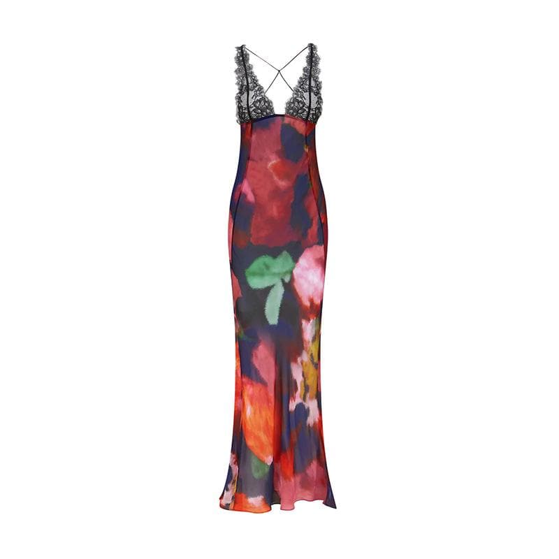 Cross back contrast leopard print v neck lace patchwork maxi dress - View 3