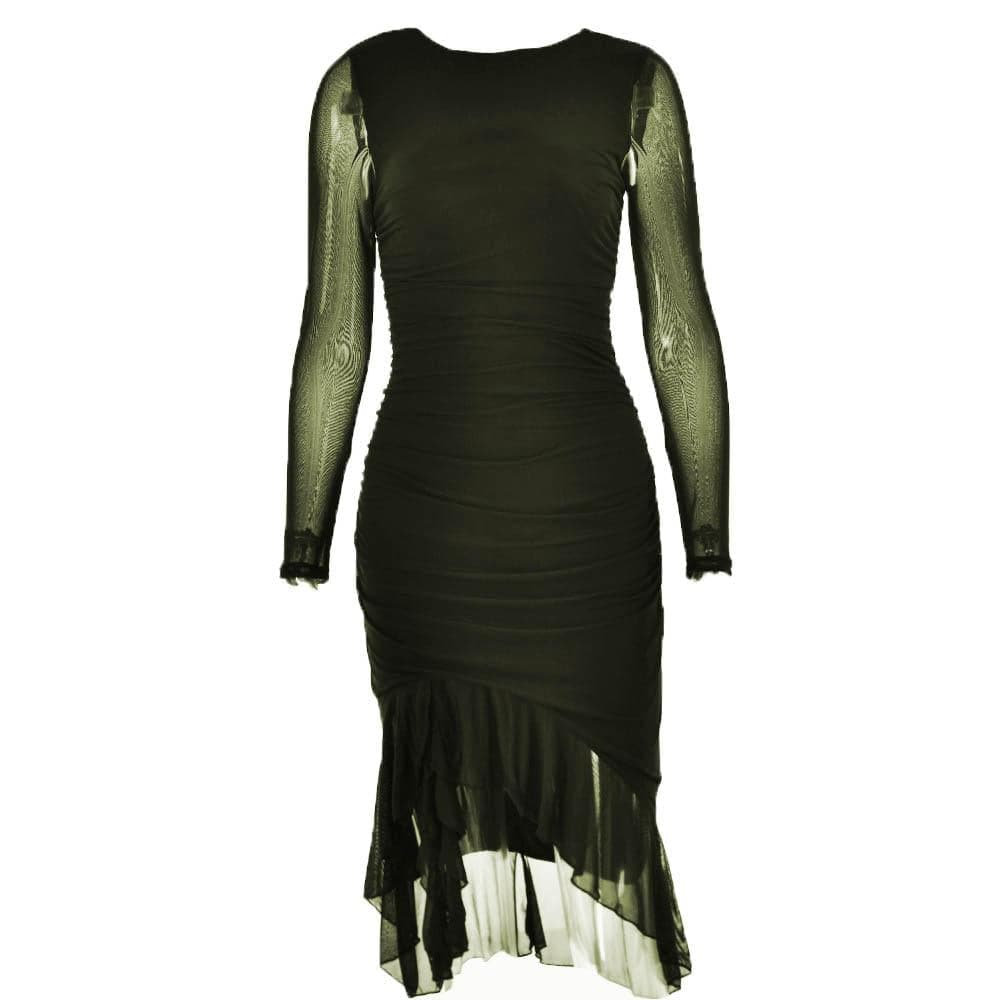 Mesh Ruched Long Sleeve Backless Ruffle Midi Dress - View 9