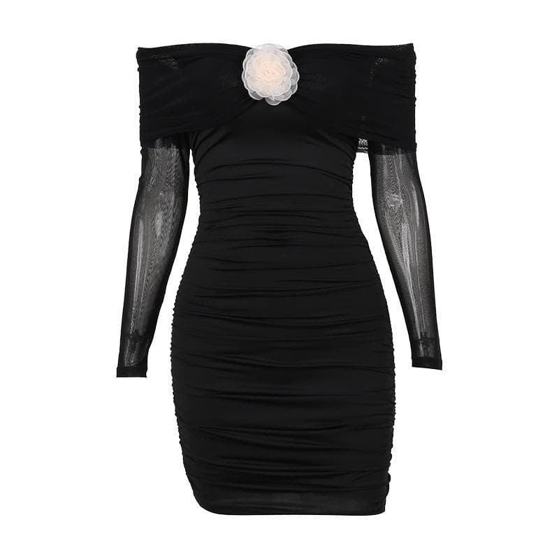 Off Shoulder Long Sleeve Ruched Rosette Bodycon Mini Dress - View 2