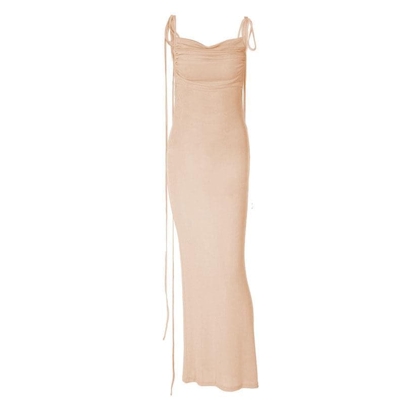Ruched solid lace up backless cowl neck maxi dress - View 9