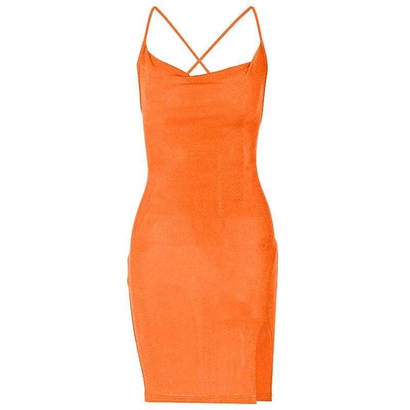 Cowl neck cross back solid slit lace up backless mini dress - View 2