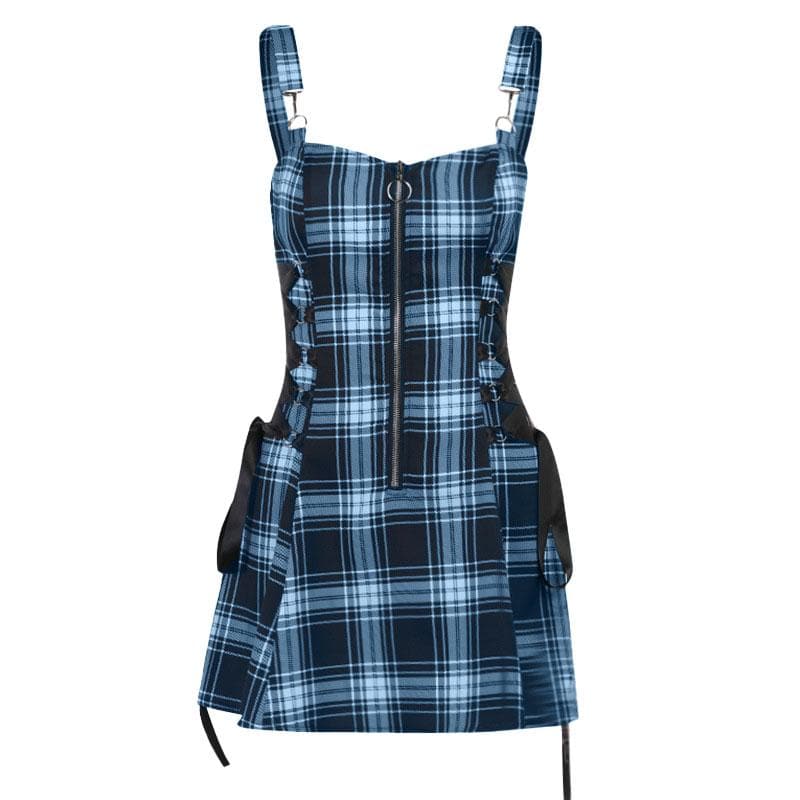 Plaid zip-up contrast sleeveless lace up backless mini dress - View 12