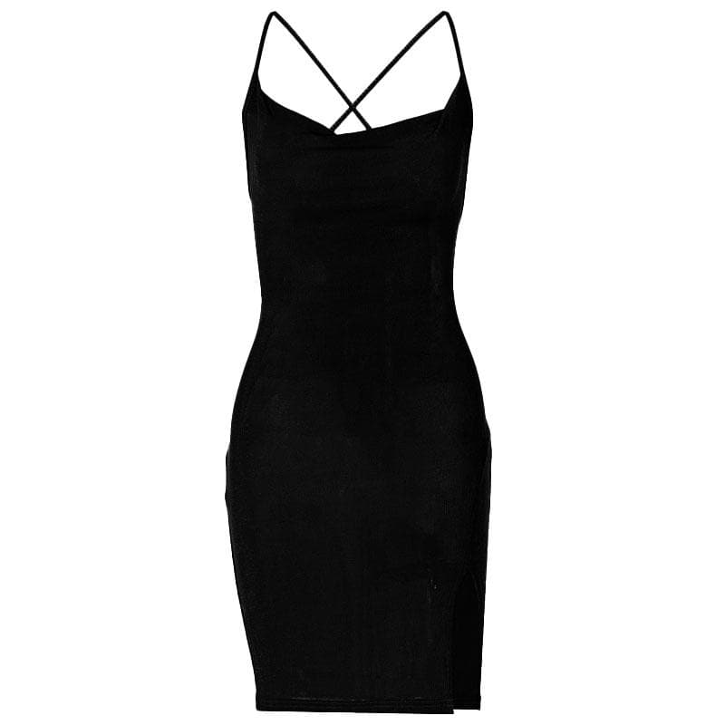 Cowl neck cross back solid slit lace up backless mini dress - View 3