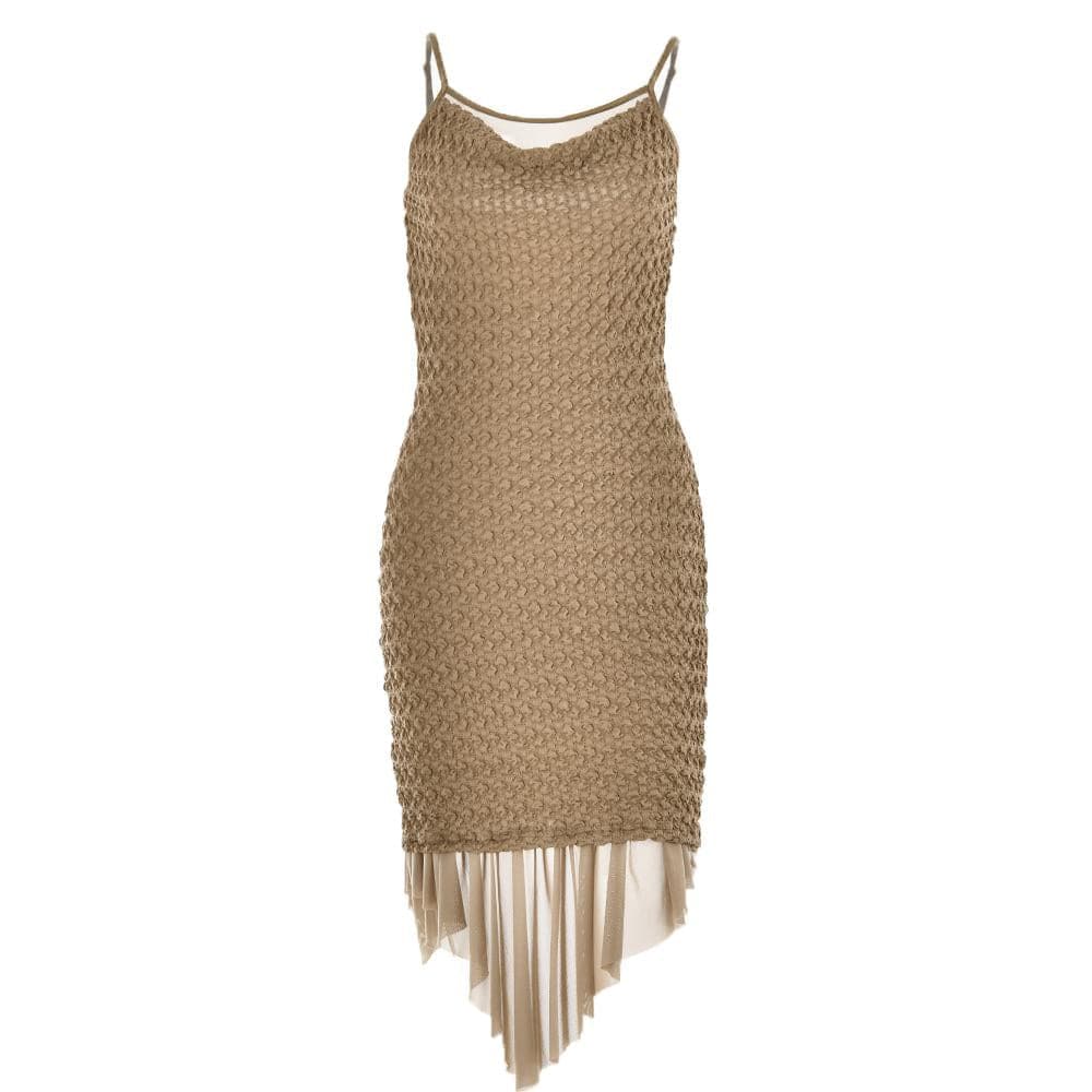 Textured mesh solid ruched irregular cami midi dress - View 2