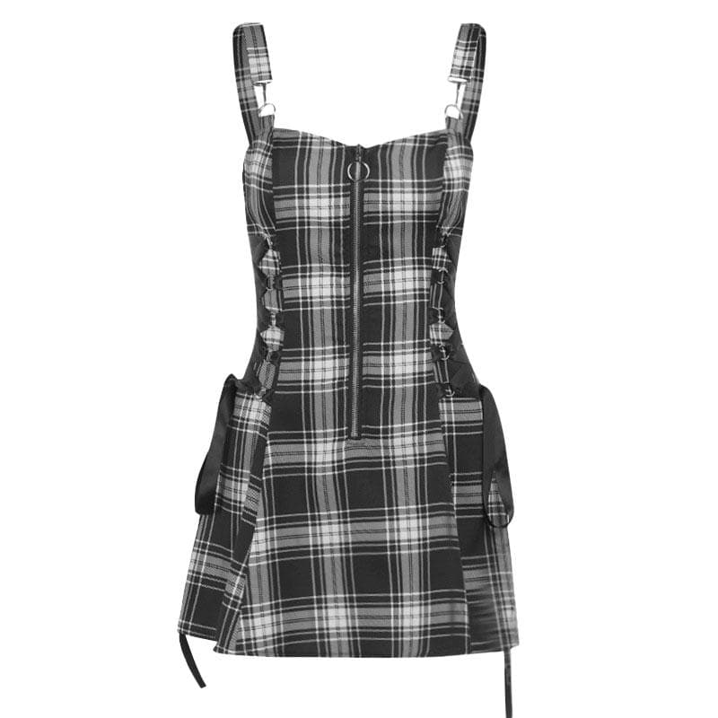 Plaid zip-up contrast sleeveless lace up backless mini dress - View 11
