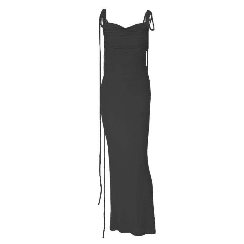 Ruched solid lace up backless cowl neck maxi dress - View 2