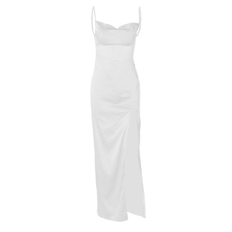 Cowl neck solid backless slit satin cami maxi dress - View 2