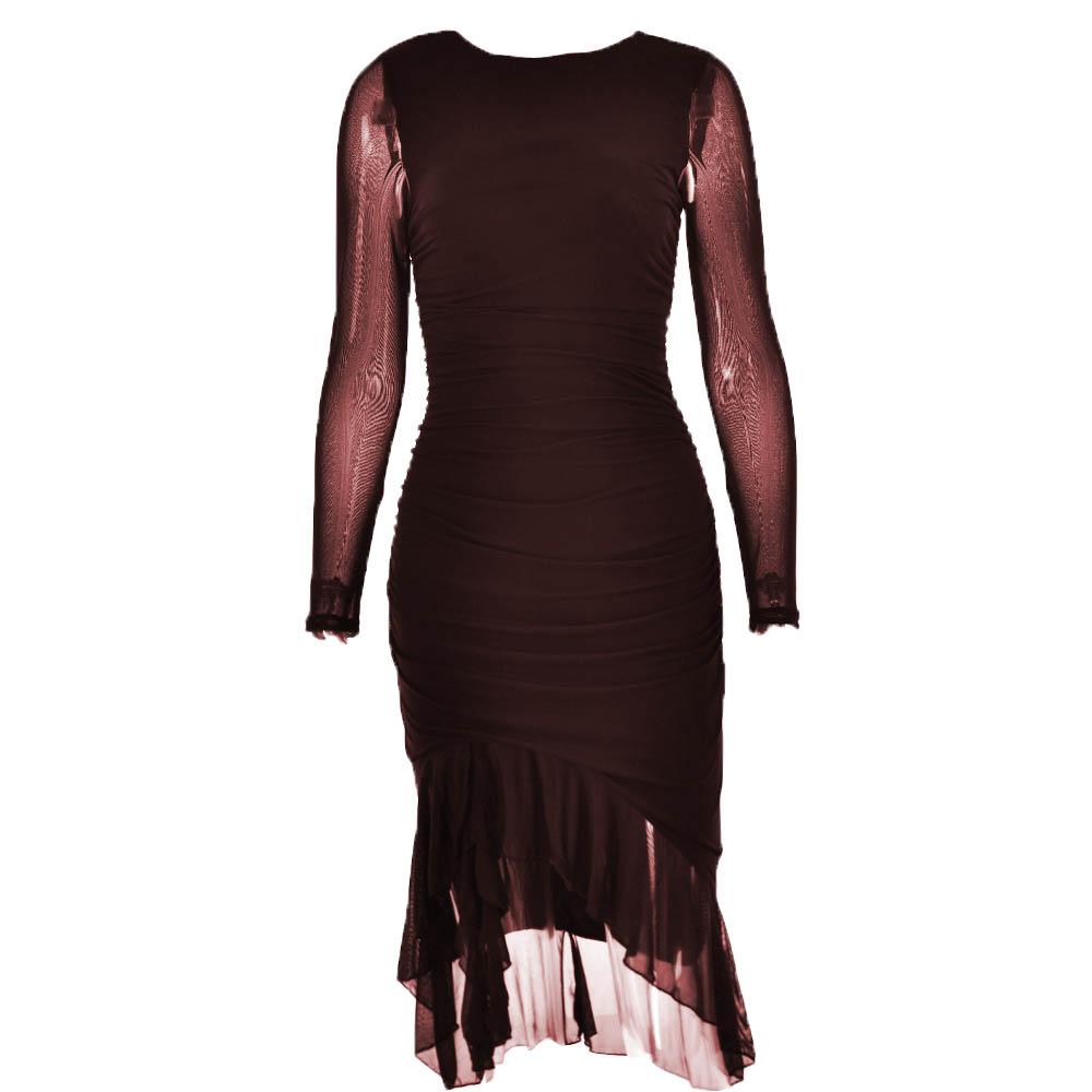 Mesh Ruched Long Sleeve Backless Ruffle Midi Dress - View 10