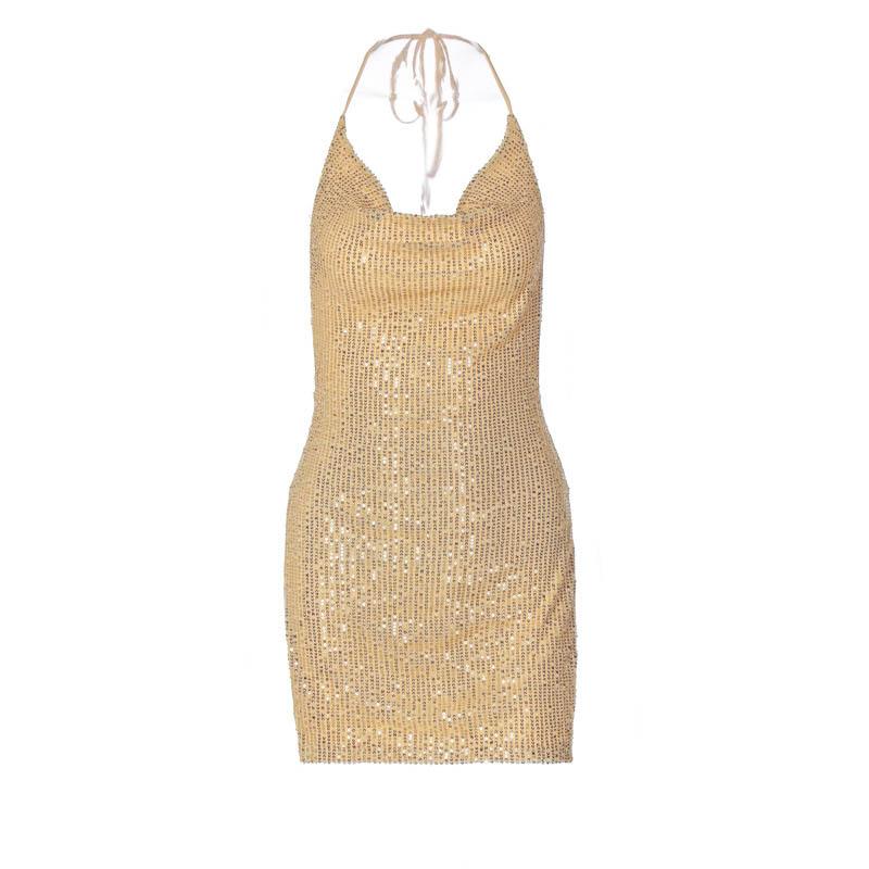 Glitter Cowl Neck Halter Backless High Split Bodycon Mini Dress - View 10