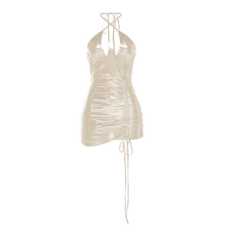 Metallic Halter Neck Ruched Drawstring Bodycon Mini Dress - View 6