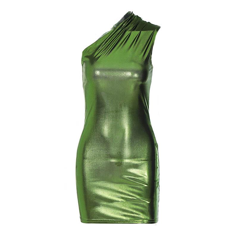 Metallic one shoulder ruched sleeveless irregular mini dress - View 15
