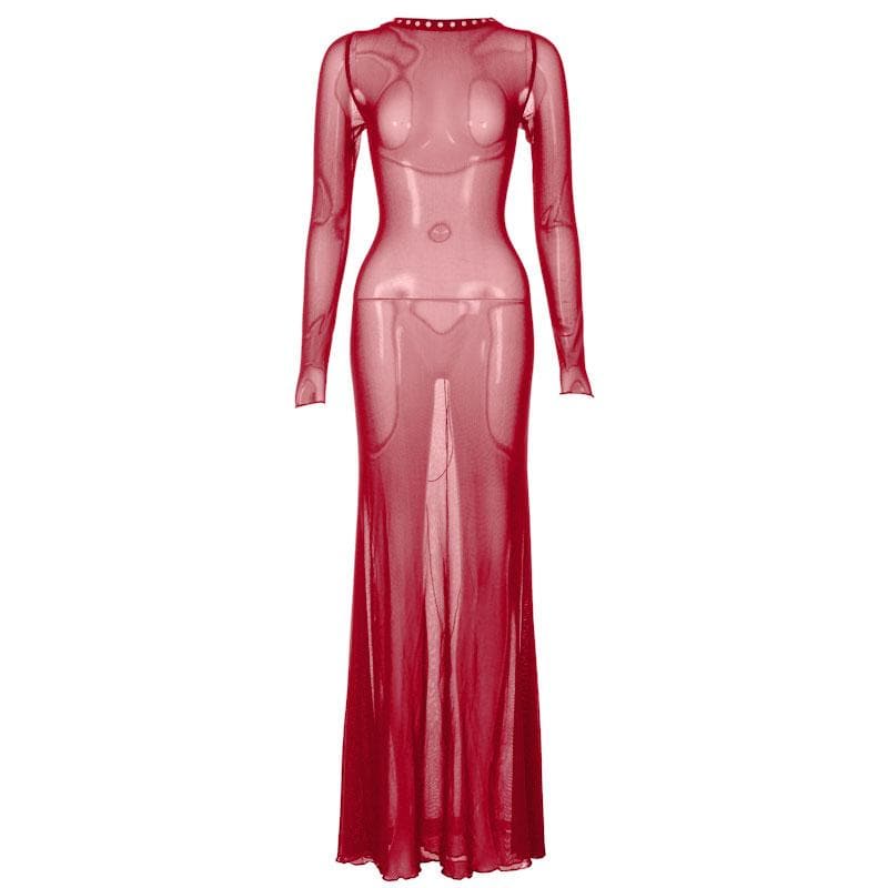 Long sleeve lace up sheer mesh see through maxi dress - View 8