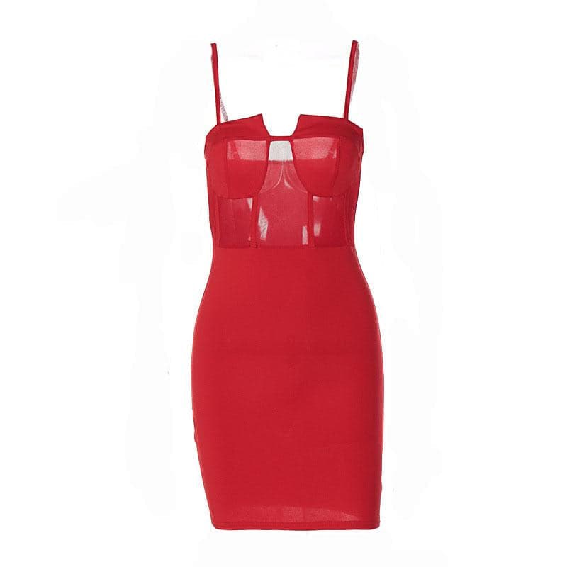 Solid mesh patchwork backless cami mini dress - View 7