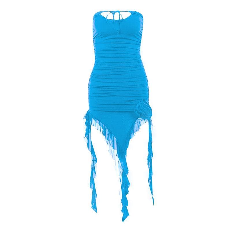 Strapless Cut Out Ruched Floral Applique High Low Midi Dress - View 2