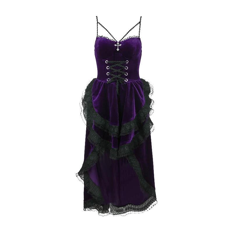 Velvet lace hem ruched lace up backless irregular midi dress - View 11