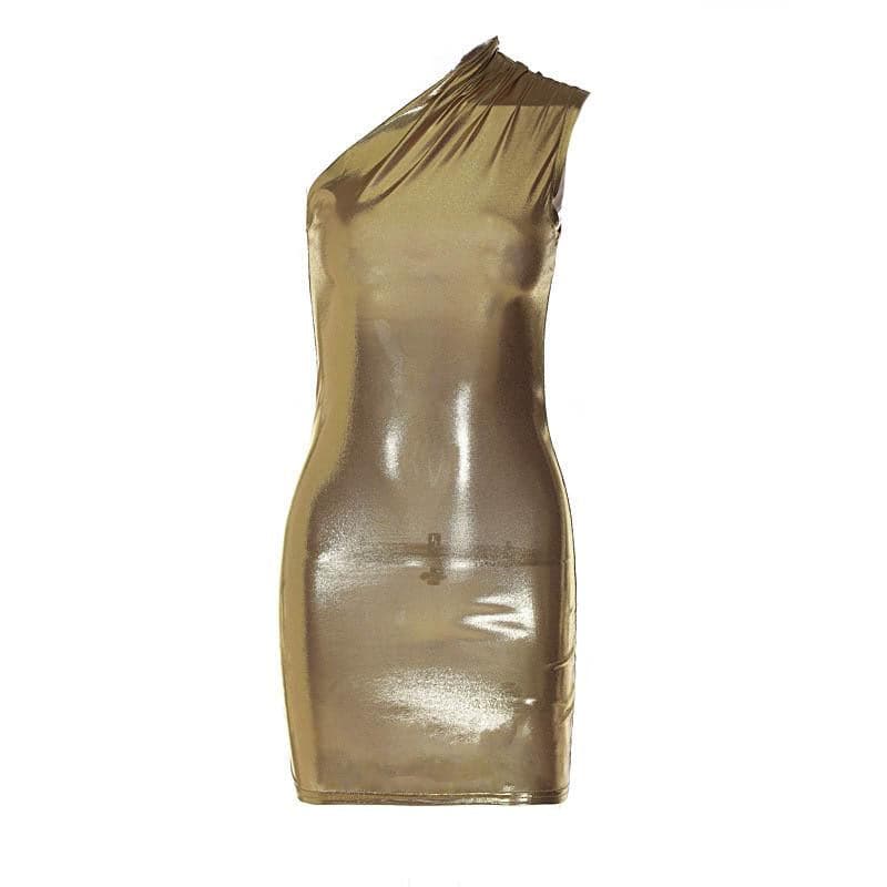 Metallic one shoulder ruched sleeveless irregular mini dress - View 10