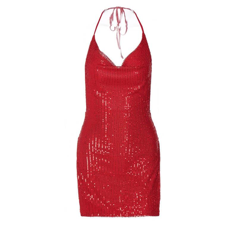 Glitter Cowl Neck Halter Backless High Split Bodycon Mini Dress - View 13