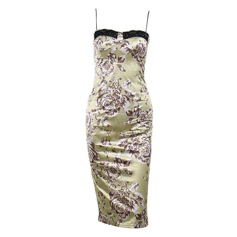 Satin Floral Lace Trim Spaghetti Strap Ruched Bodycon Midi Dress - View 4