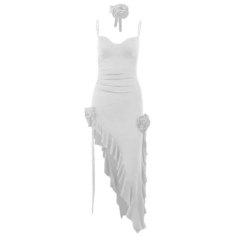 Spaghetti Strap Sweetheart Bustier Ruffle High Split Maxi Dress - View 2