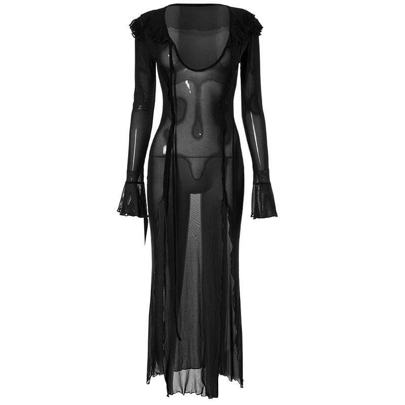 Slit flared sleeve sheer mesh see through u neck low cut maxi dress - View 3