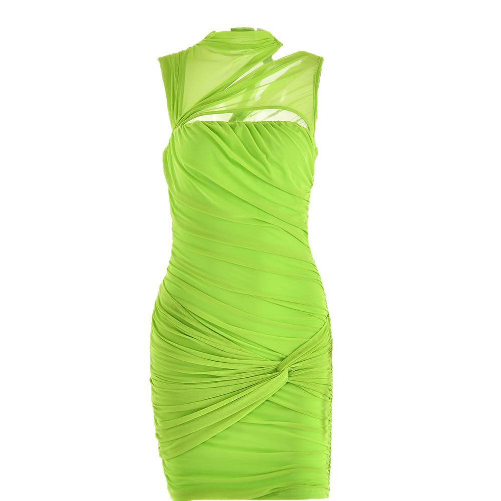 Sleeveless irregular hollow out mesh knotted ruched mini dress - View 2