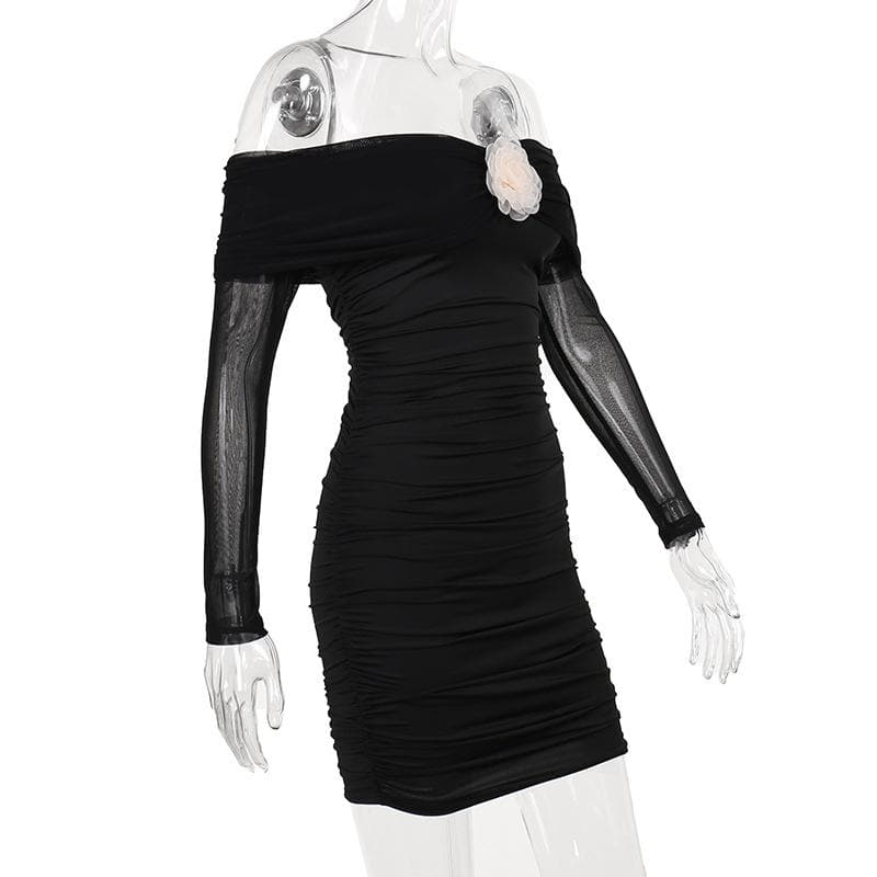 Off Shoulder Long Sleeve Ruched Rosette Bodycon Mini Dress - View 8