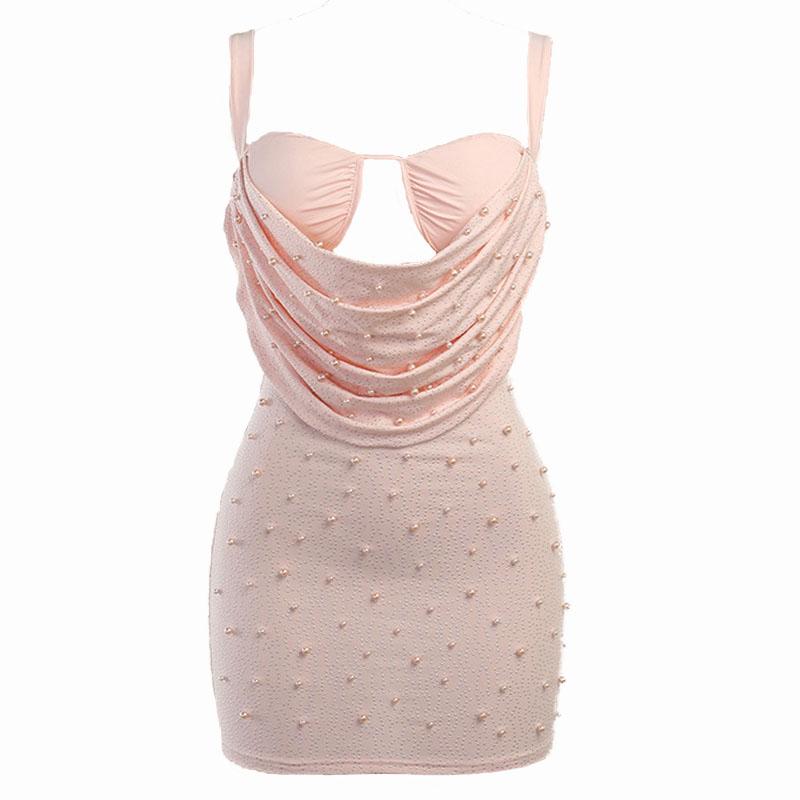 Sleeveless solid ruched beaded hollow out backless dress - View 8
