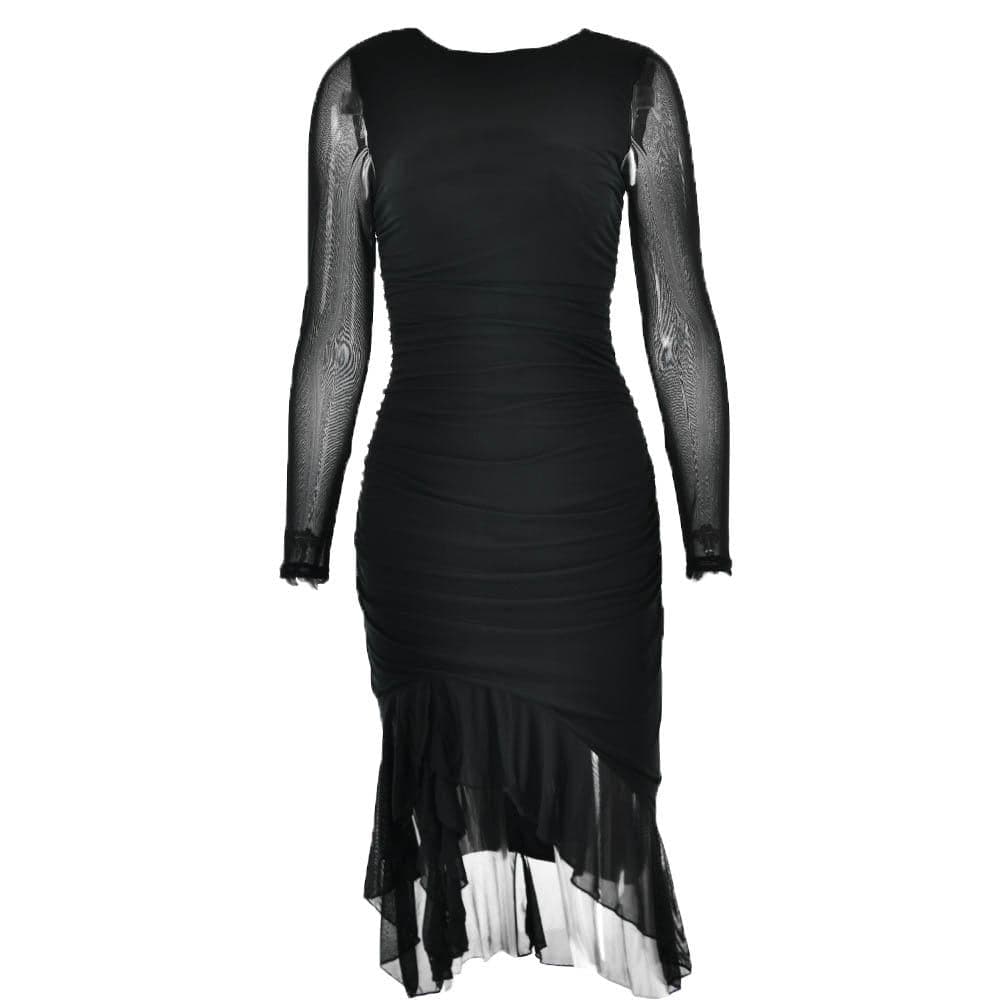 Mesh Ruched Long Sleeve Backless Ruffle Midi Dress - View 2
