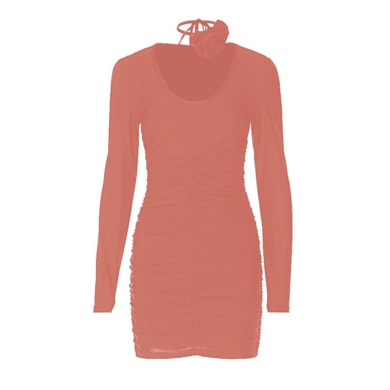 Scoop Neck Long Sleeve Ruched Rosette Bodycon Mini Dress - View 10