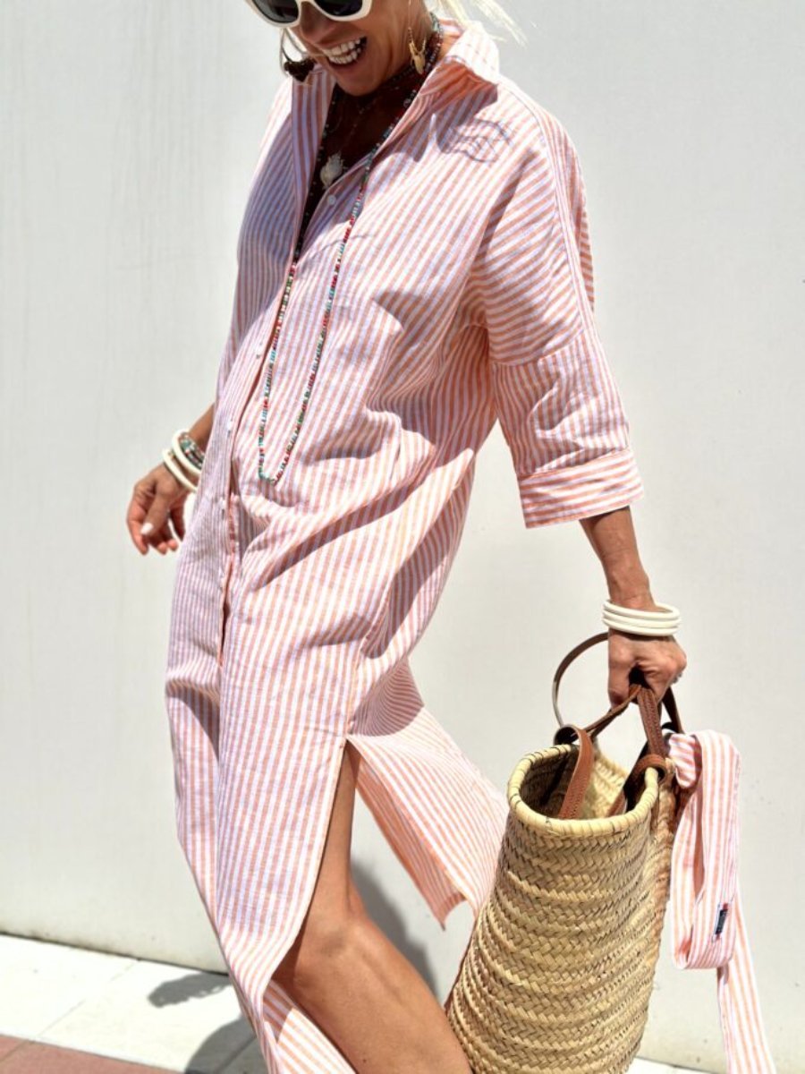 Vertical Stripe Button Down Long Sleeve High Split Midi Shirt Dress - View 2