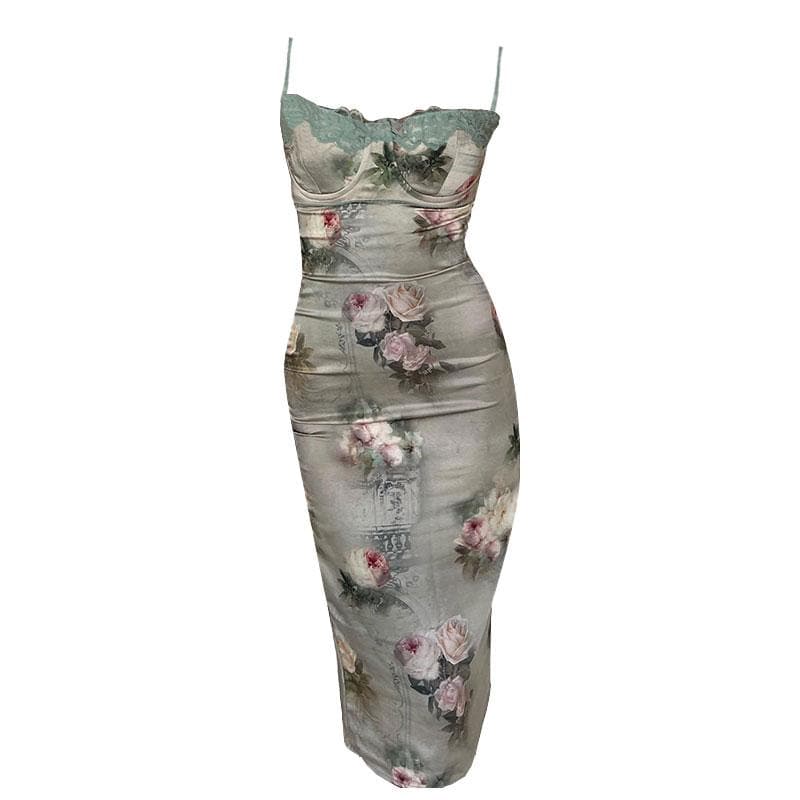 Satin Floral Lace Trim Spaghetti Strap Ruched Bodycon Midi Dress - View 2