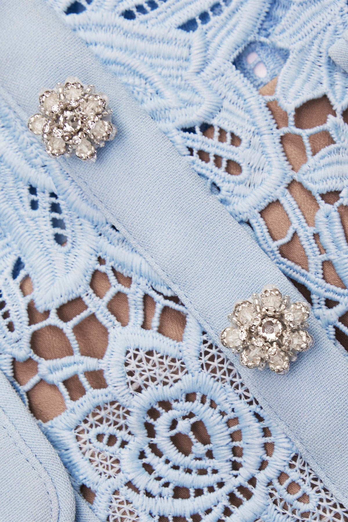 Floral Lace Short Sleeve Belted Ruffle Mini Dress in Blue - View 8