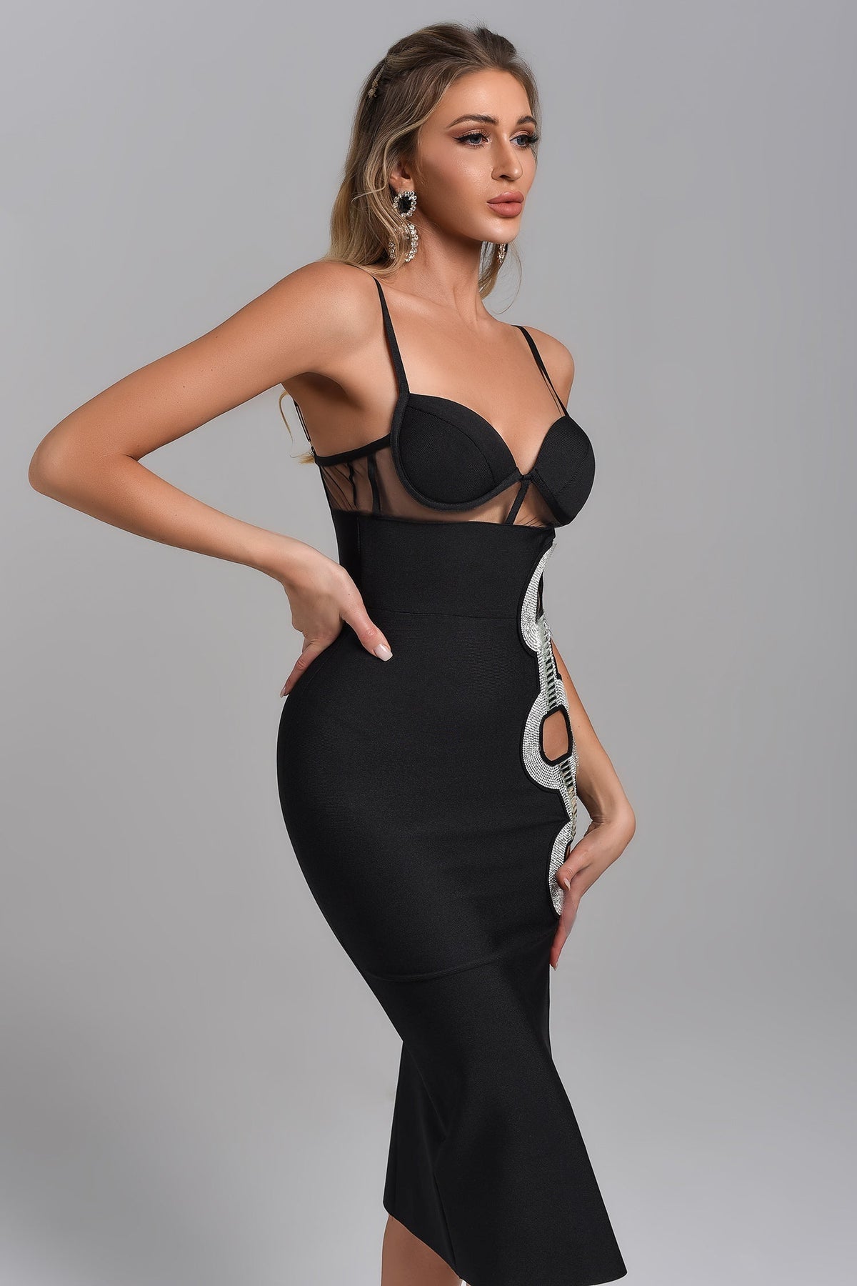 Bustier Rhinestone Cut Out High Slit Bandage Midi Dress - View 2