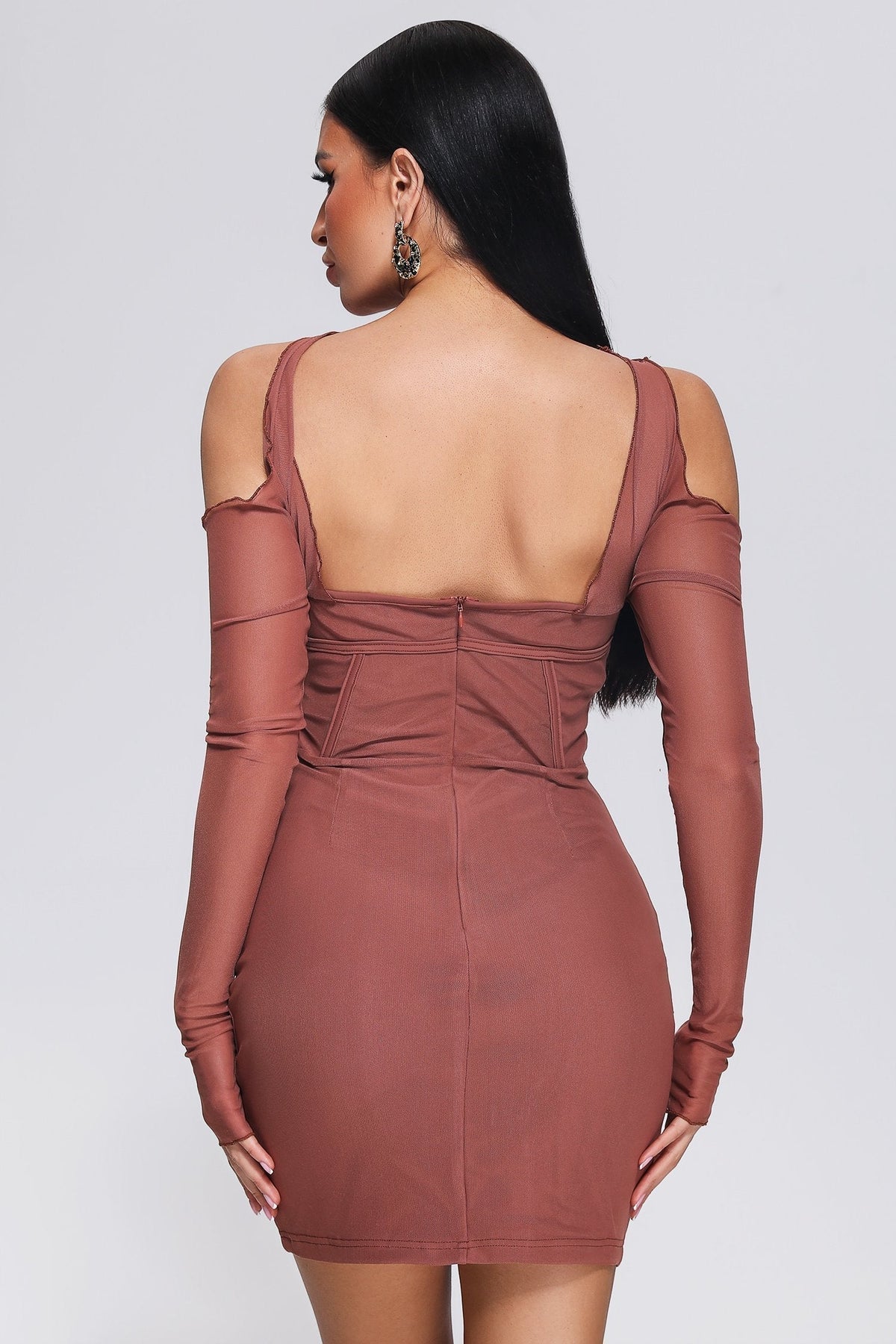 Mesh Off Shoulder Long Sleeve Corset Bodycon Mini Dress - View 5