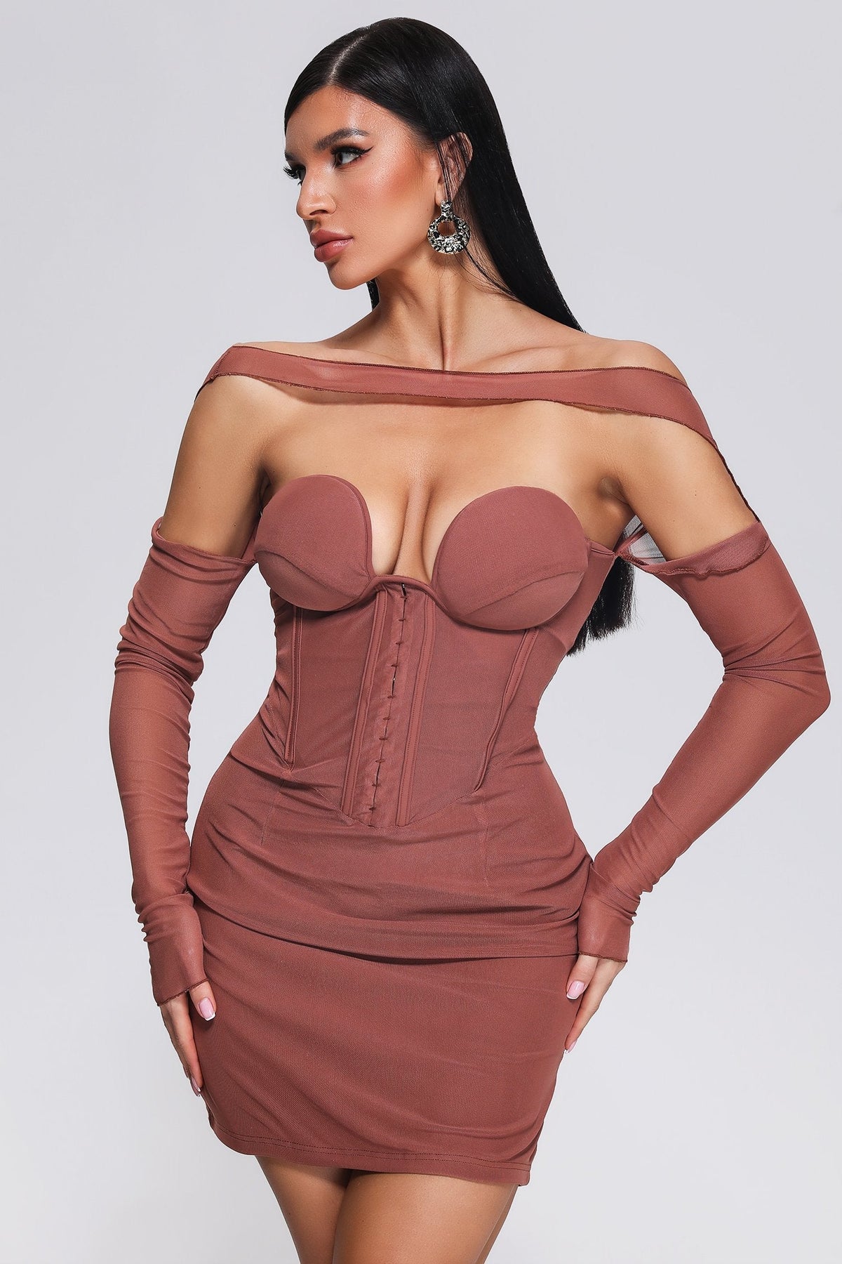 Mesh Off Shoulder Long Sleeve Corset Bodycon Mini Dress