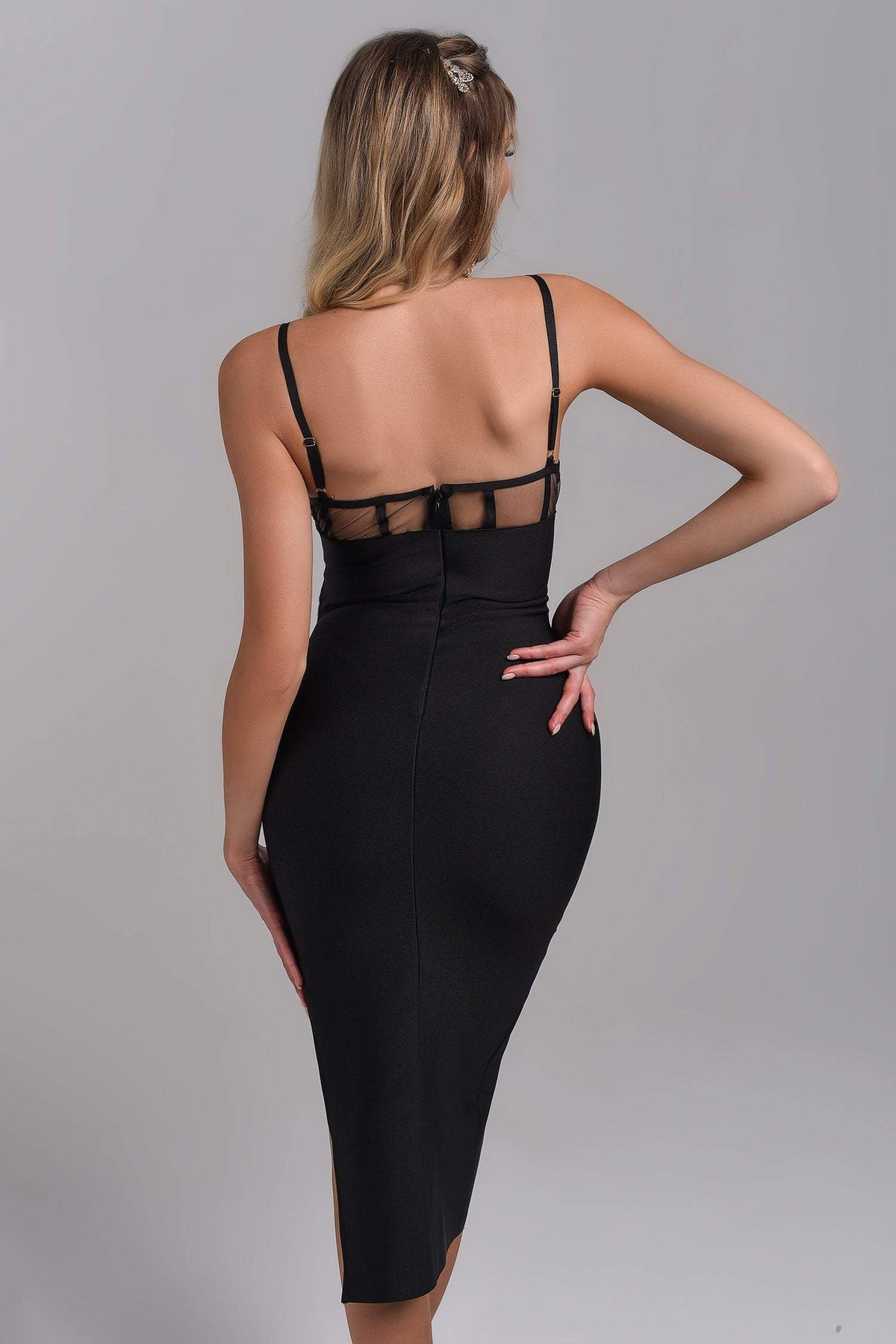 Bustier Rhinestone Cut Out High Slit Bandage Midi Dress - View 4