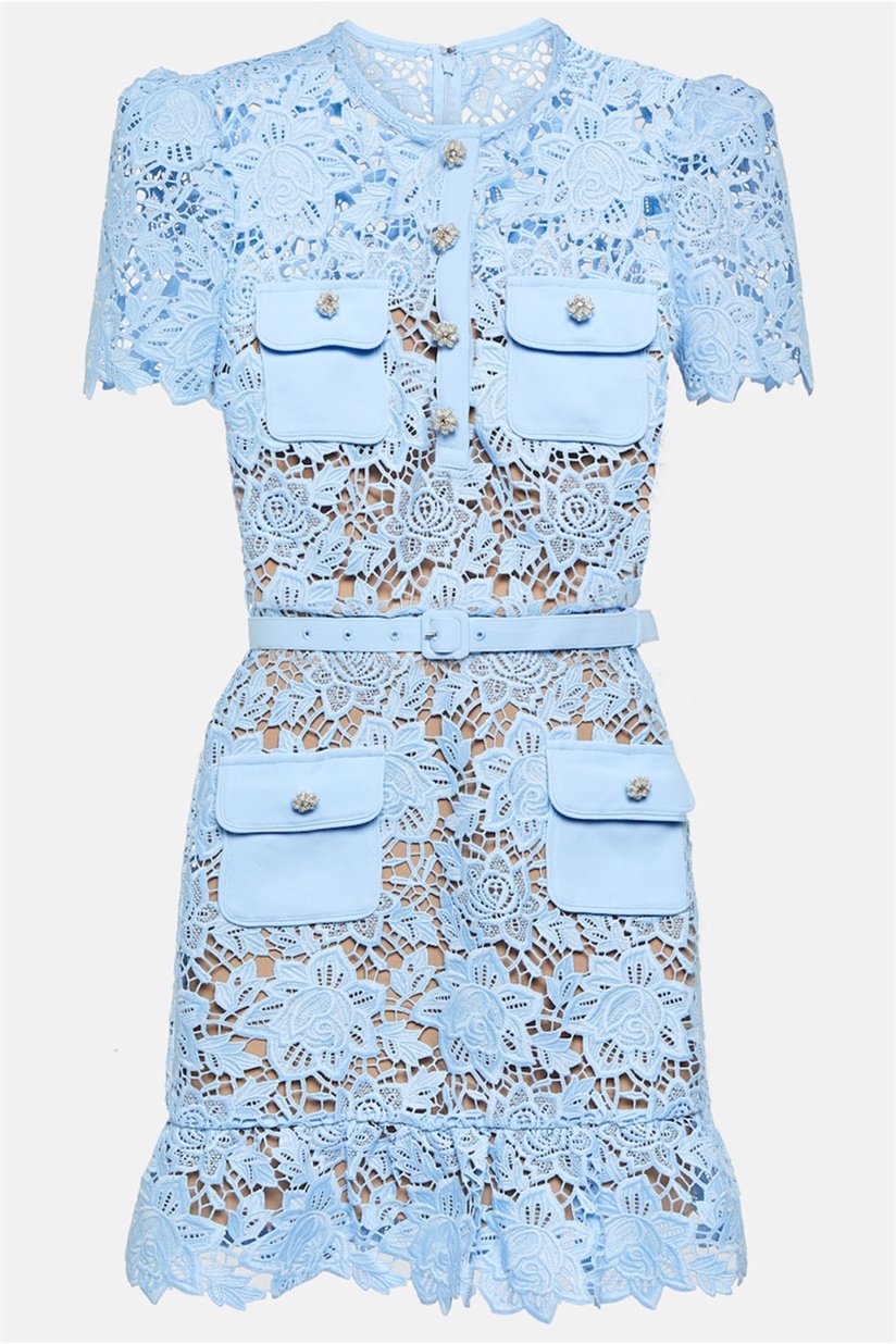 Floral Lace Short Sleeve Belted Ruffle Mini Dress in Blue - View 9