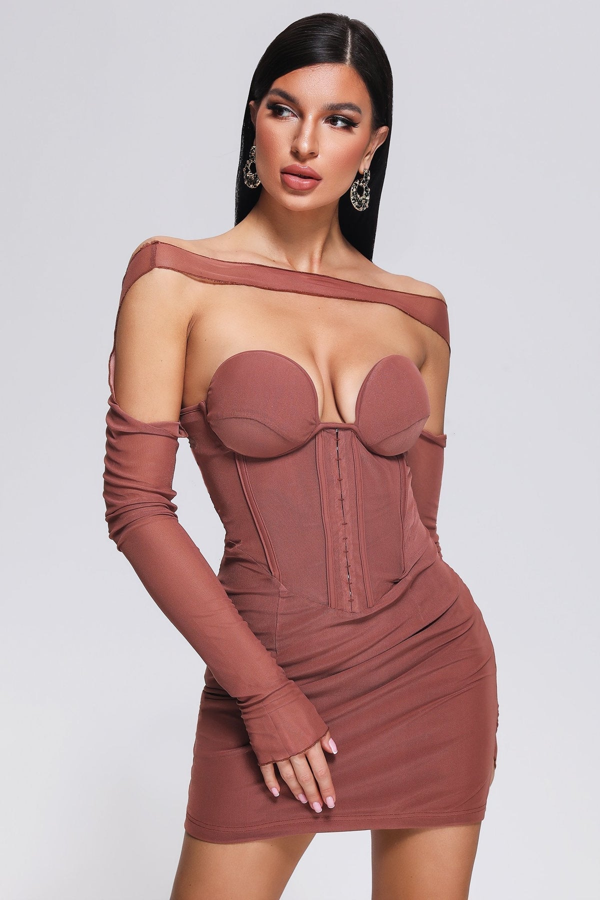Mesh Off Shoulder Long Sleeve Corset Bodycon Mini Dress - View 3