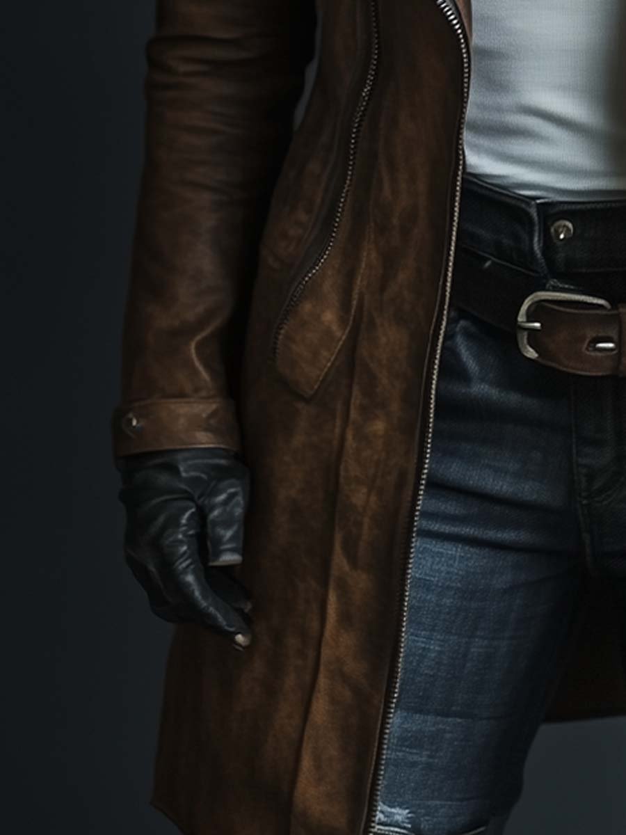 Women's Vintage Fur Collar Zipper Faux Leather Coat - Fashionpara