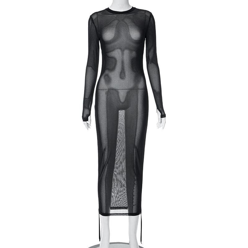 Crewneck long sleeve drawstring sheer mesh see through midi dress - View 3