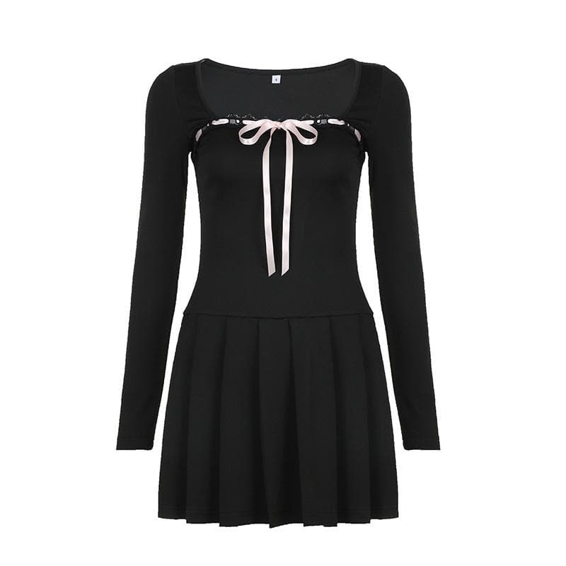 Lace hem square neck contrast long sleeve pleated mini dress - View 2